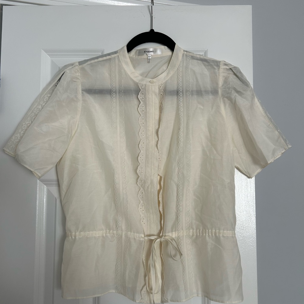 Frame Denim Cream Blouse with Waist Tie and Boxy Fit